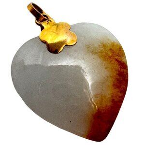 Variegated Jadeite Jade Heart Pendant With Yellow Gold 585 Bail Vtg